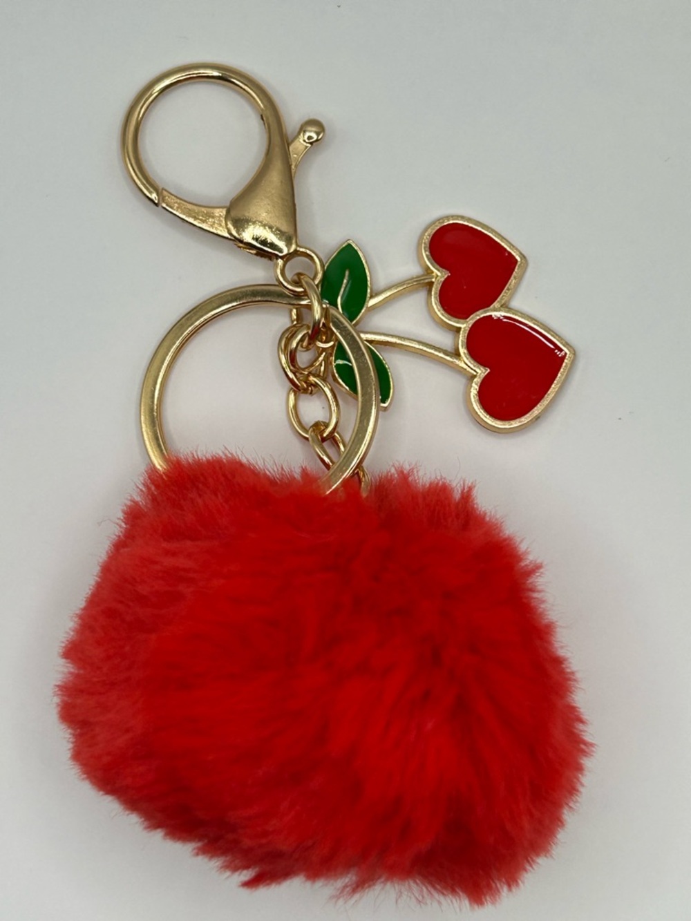 $15 or 2/$20 Red Pom Pom Cherry Keychain - Gold Hardware